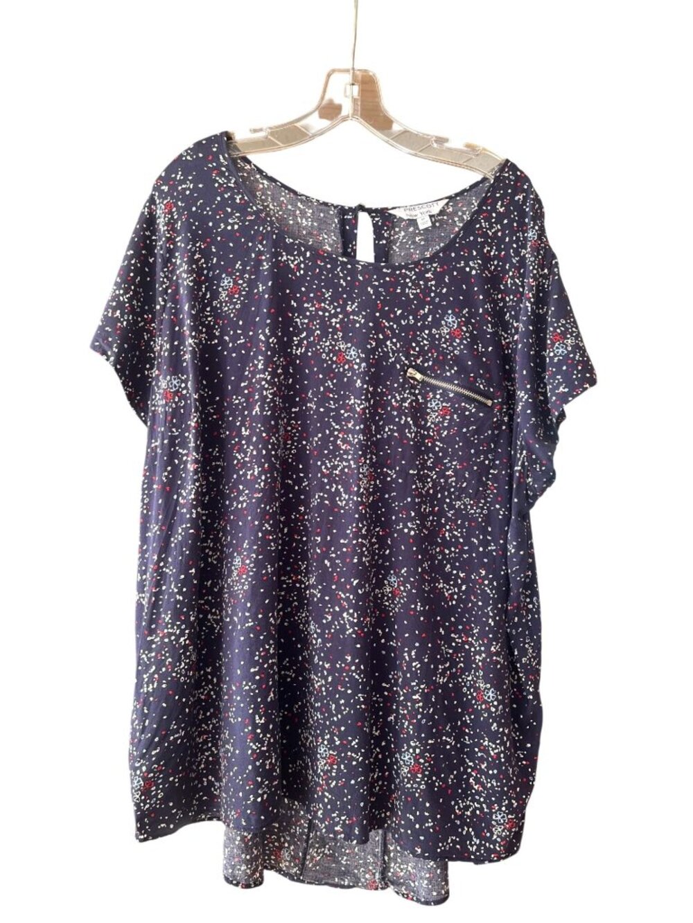 Prescott New York Womens Navy Floral Print Blouse Zipper Accent Hi-lo Size 3XL